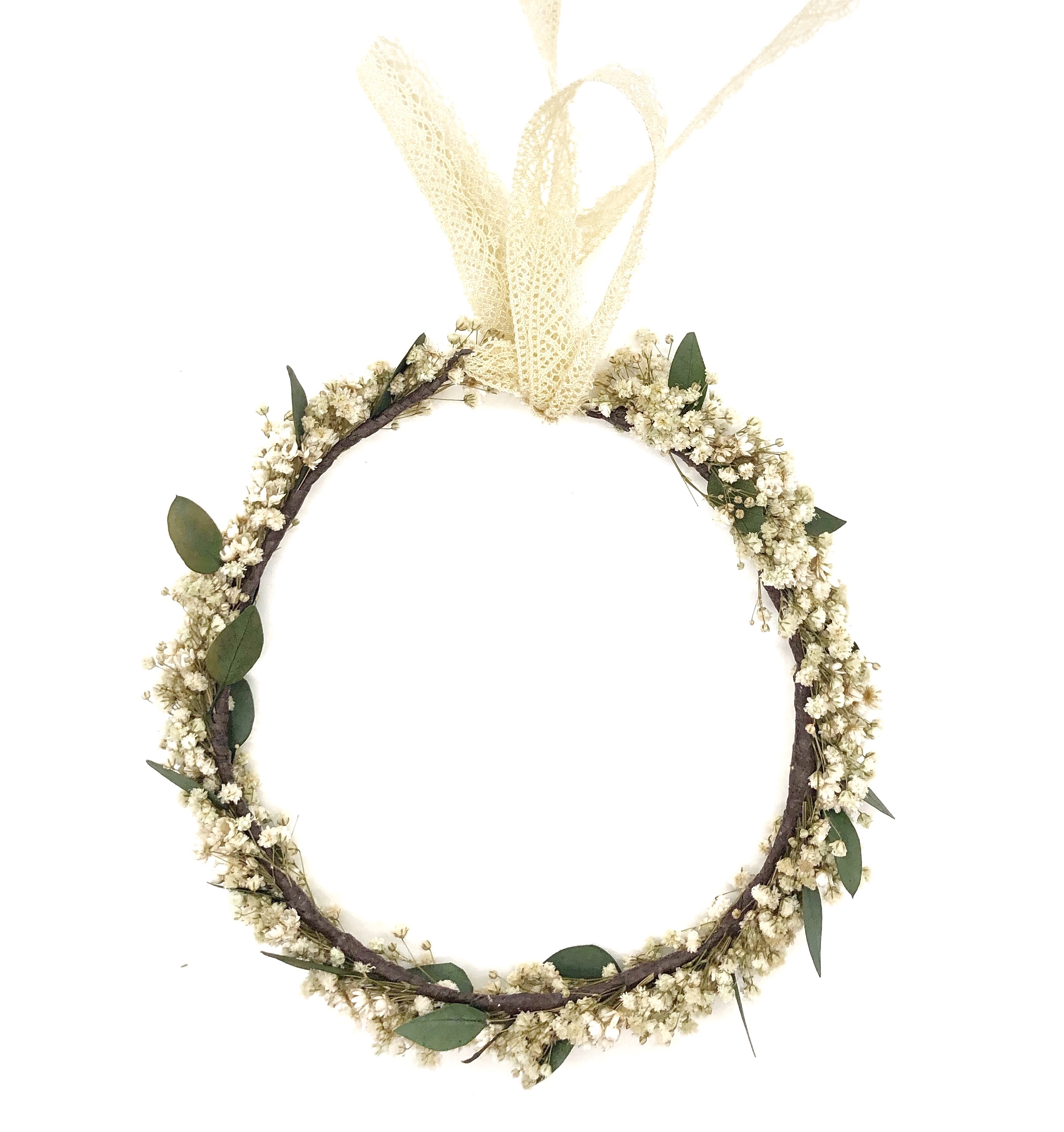 Corona de Flores con Lazo Paniculata Blanca con Hojas